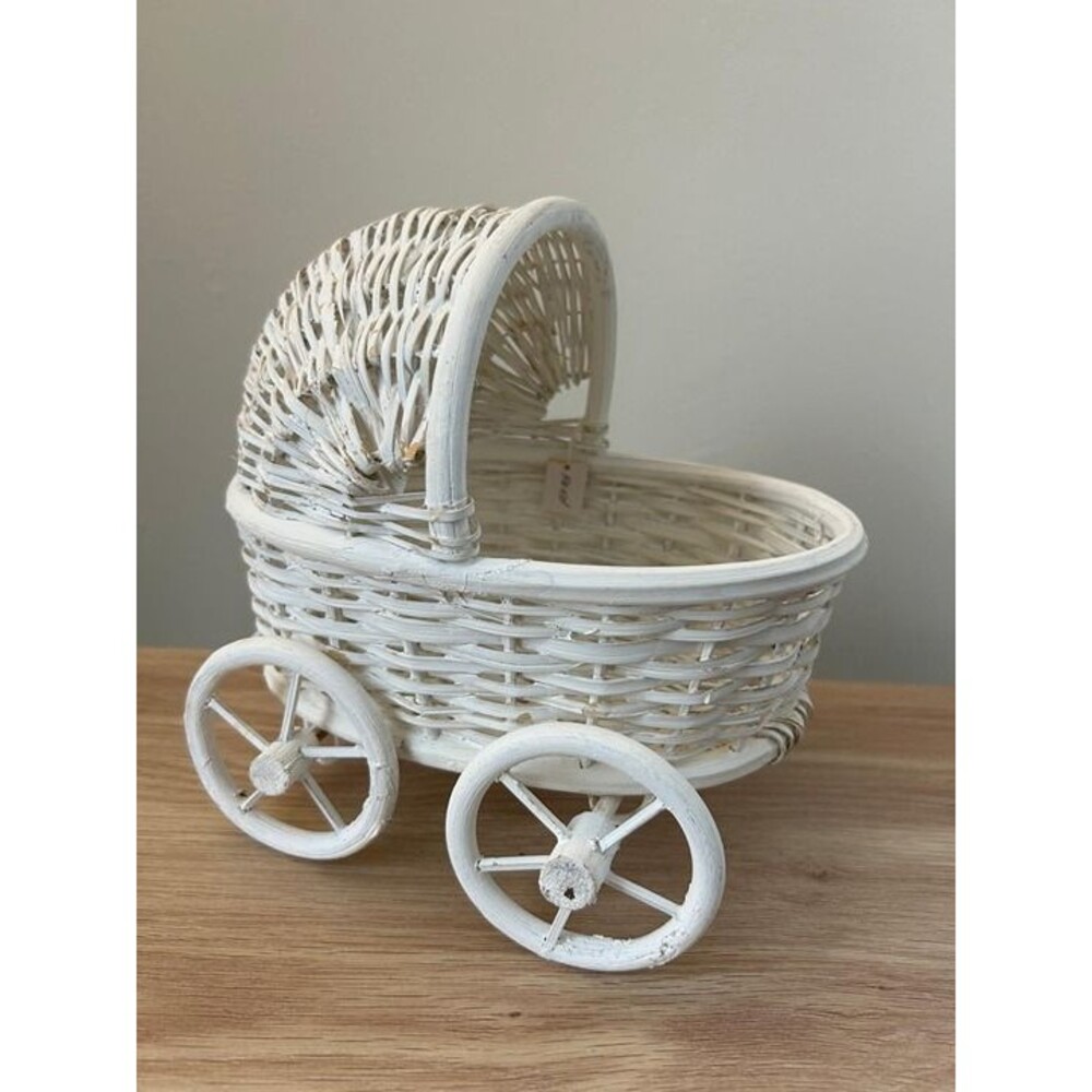 Vintage White Wicker Baby Carriage **Actually Rolls On Wheels !! ** Gift Holder